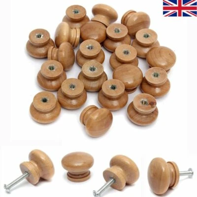 10 x Wood Door Knobs Natural Wooden Round Cupboard Drawer Pull Handle + Screws - Image 1 of 4