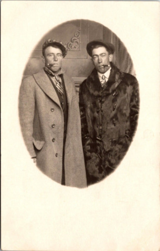 Men Cigar Smoking Long Coat Hat RPPC Real Photo Vintage Postcard