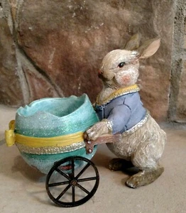 NWT RAZ Bunny Rabbit & Blue Egg Shell Cart Basket Spring Easter Figurine Decor - Picture 1 of 12