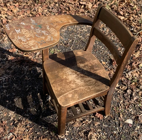 Vintage Highschool Chair Desk c.1960s-1980’s Hand Carved Cover