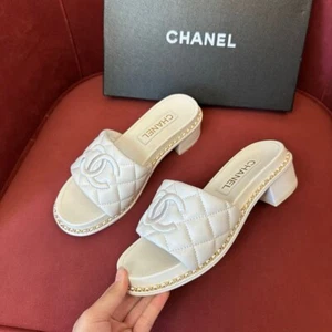 Chanel Women’s White Quilted Leather Slides Sandals – Size 38 - Picture 1 of 7