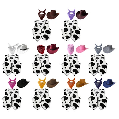 Girls Boys Cow Vest with Cowboy Hat Bandanas Western Cowboy Cowgirl Costume Sets - Image 1 of 4