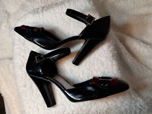 "Calvin Klein" Black Patent Leather with Ruby Buckle  High Heel    Size 9M