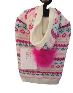 Novogratz Fleece Lined Hooded Dog Sweater Cream w/Teal, Pinks & Blush Fushi Pom