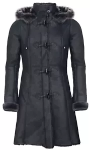 Ladies Black Snowtip Merino Shearling Sheepskin Hooded Duffle Coat - Picture 1 of 5