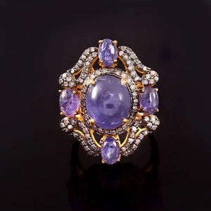 Natürlicher Tansanit Edelstein Pave Diamant Ring 925 Sterling Silber Statement Ring - Bild 1 von 3