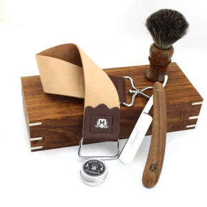 Kit de afeitado húmedo de colección cepillo de afeitar recto tejón gota y caja de madera para regalo - Imagen 1 de 2