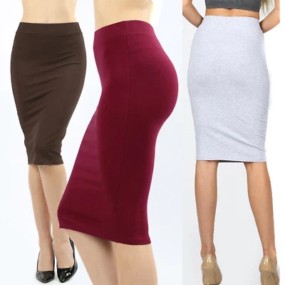 Womens Pencil Skirt Cotton Stretch Elastic Waist High Waisted Knee Length Office - Image 1 of 3