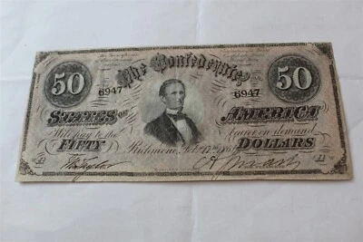 CONFEDERATE STATES $50 BANK NOTE FEB 17, 1864 NICE NOTE  - Image 1 of 2