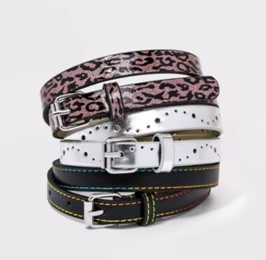 Girl's Size Large L 32" Belt 3 Skinny Belts Pink Leopard Silver Black Cat & Jack - Picture 1 of 7