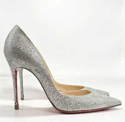 Christian Louboutin Silver Glitter Nappa Mica Iriza 100 Stiletto Heels Sz EU 38 - Image 1 of 4