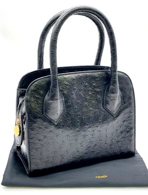 Auténtico bolso de mano FENDI de cuero de avestruz negro con bolsa para el polvo NS111408 Foto 1 de 4