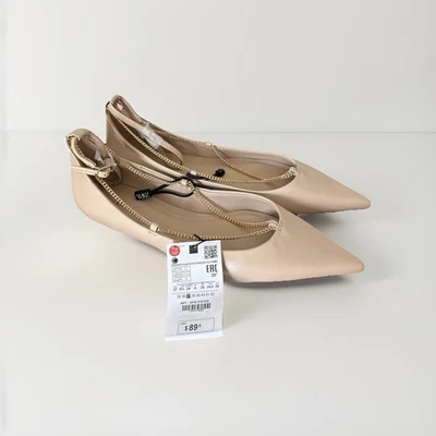 ZARA Tan Leather Pointed Toe Ballet Flat Gold Chain Ankle Strap Amputee Sz 37 - Image 1 of 4