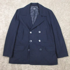 J Crew Jacket Mens Large Blue Peacoat Wool Outdoor Double Breasted Quilt Lined - Picture 1 of 11