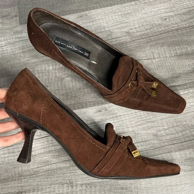 Y2K Steve Madden 棕色麂皮绒尖头小猫高跟鞋深色学术界 7 1/2 — 第 1/4 张图片