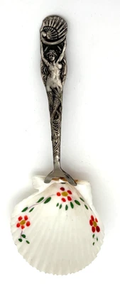 Antigua cuchara de sirena Art Nouveau de plata esterlina concha pintada US Sterling Co Foto 1 de 4
