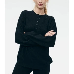 Naadam gerippter Henley-Pullover Damen Größe Small schwarz recyceltes Kaschmir Strickoberteil - Bild 1 von 7