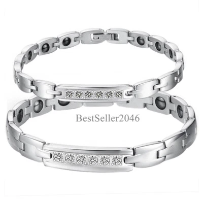 Men Women Health Cubic Zirconia Magnetic Therapy Bracelet Stainless Steel Bangle - image 1 of 4