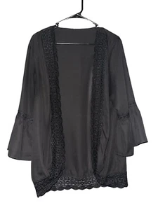 Bathing Suit Cover Up Boho Lace Bell Sleeve Woven Trim Black Size Small Oversize - Picture 1 of 6