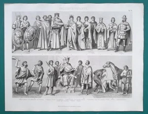 MITTELALTER Leben Essen Spielkarten Faschingsgebete - 1870er Antikdruck - Bild 1 von 2