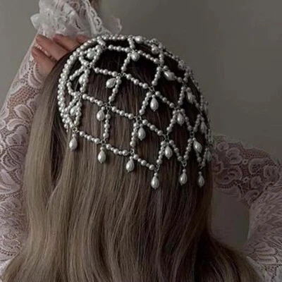 Women Headdress Hoop Droplet Pearl Metal Hair Net Chain Jewel Headwear 23091 - Image 1 of 4