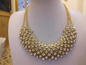 Brand new large gold tone double chain statement necklace with clear crystals - Picture 1 of 6