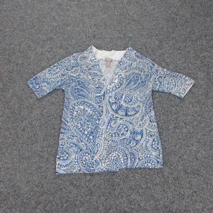 Chico's Shirt Damen 1 blau Paisley Leinenmischung vorne offen Kurzarm Oberteil - Bild 1 von 19