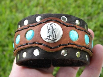 Adjustable bracelet sterling silver howling Wolf genuine Buffalo Bison leather - Image 1 of 4