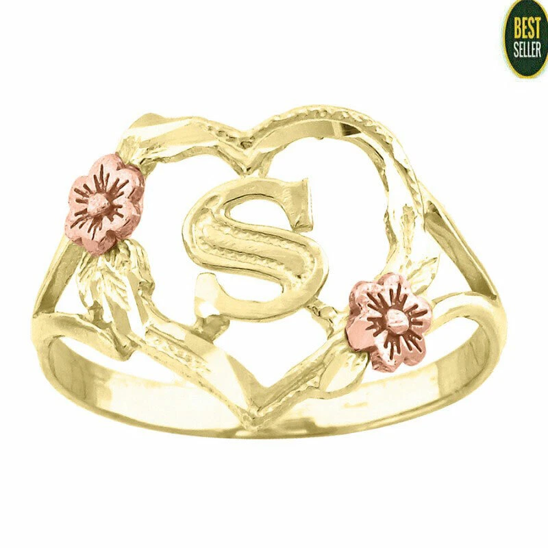10K Yellow Rose Gold Initial Alphabet S Fashion Flower Heart Ring Small Womens - Image 1 of 1