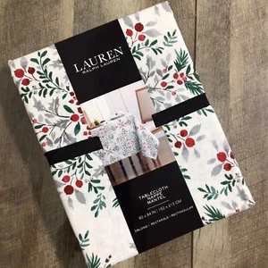 NEW Lauren Ralph Lauren LRL Christmas Tablecloth Cotton 60x84 Holiday Holly - Picture 1 of 8