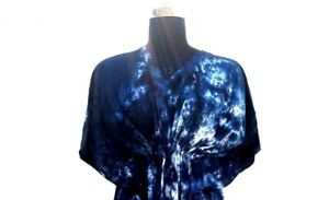 Indian Blue Shibori Kaftan Summer Bikini Cover Up Plus Size Maxi Beach Dress US