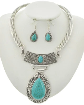 Turquoise Necklace Earring Set Faux Blue Teardrop Bead Silver Statement Choker - Image 1 of 4