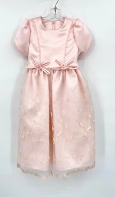 Jessica McClintock Girls Pink Satin Party Dress SZ 5 Cap-Sleeve Lace-Overlay Y2K - Image 1 of 4