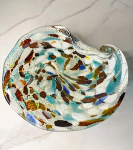 Hand Blown Art Glass Confetti Swirl Shell Dish Ashtray Vintage MCM - Picture 1 of 6