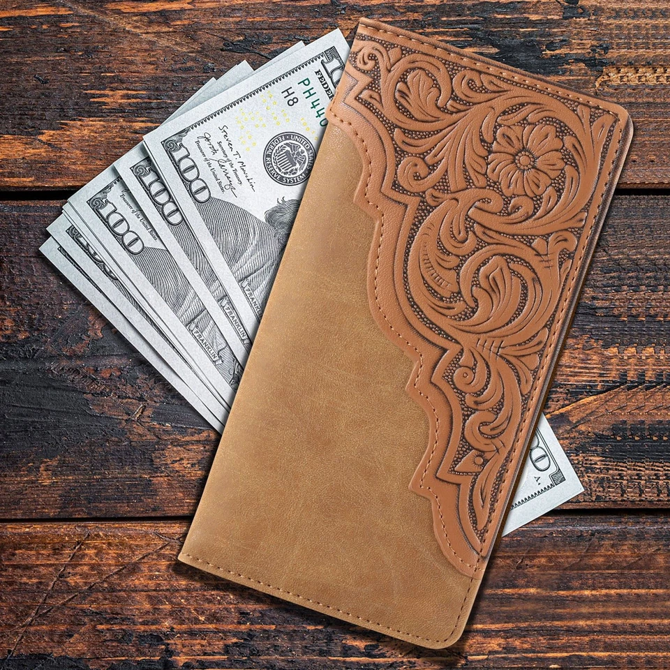 Embossed Floral Men's Bifold Long Wallet Faux Leather Cowboy Wallet Brown - Image 1 of 4