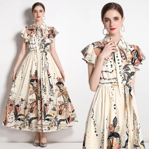 Runway Fashion Elegant Floral Bow-Neck Belted Big Swing Holiday Party Maxi Dress - Picture 1 of 5