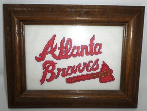 Vintage Framed Cross Stitch Atlanta Braves Logo Wood Frame 5x7 - Picture 1 of 4