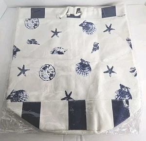 NEW Yankee Candle Co. Blue & White Canvas Sea Shells Drawstring Beach Tote Bag - Picture 1 of 4