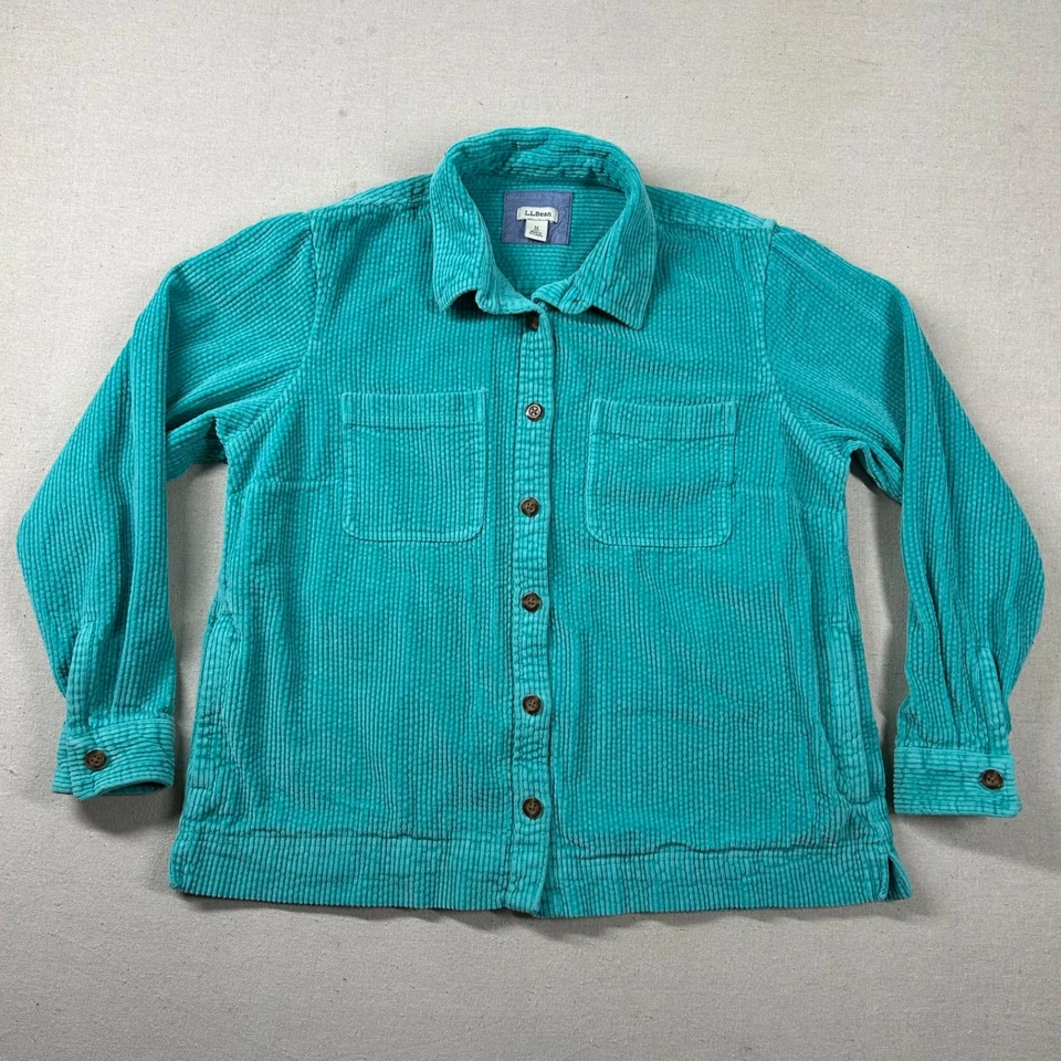 LL Bean Corduroy Shirt Womens MP Petite Shacket Pockets Button Turquoise Chore - Image 1 of 4