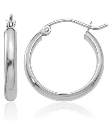 14K Solid White Gold Round Medium Hoop Earrings - Image 1 of 4