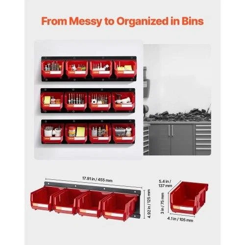 VEVOR 12-Bin Wall Mounted Organizer with Metal Rails – Red