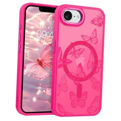  Funda para iPhone 16e, Linda Funda Magnética Patrón Mariposa iPhone 16e Rosa Caliente Foto 1 de 4