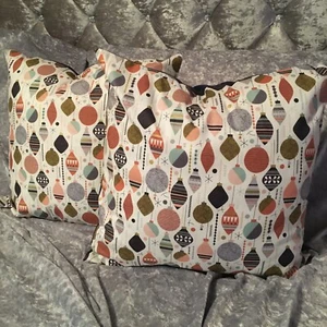 2 x Christmas Black, Grey and Peach Baubles Printed Cushion Covers - Picture 1 of 9