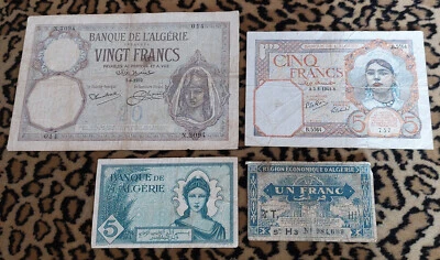 1932-1949 French ALGERIA vintage 4 Note Collection Lot: 20, 5, 1 Francs WWII WW2 - Image 1 of 2