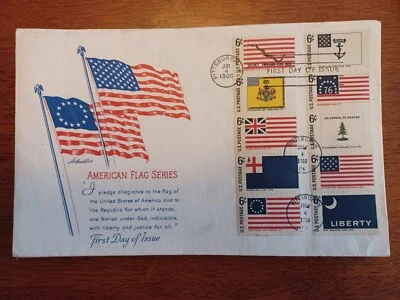 Tarjeta de caché FDC ARTMASTER 1968 EE. UU. Sc# 1345-1354 Banderas de los días coloniales americanos Foto 1 de 2