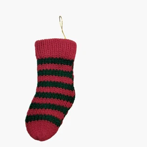 Miniature Red Green Striped Knit Christmas Stocking Ornament 3 inch - Picture 1 of 3