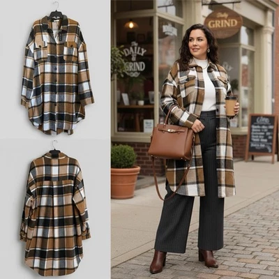 Modern Soft Tartan Plaid Flannel Coat Shacket Plus Size 24W 2X Brown Black White - Image 1 of 4