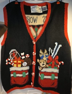 Vintage 90s Eagle’s Eye Christmas Sweater Vest Large Santa’s Workshop Black 95’ - Image 1 of 4