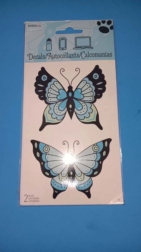 Juego de 2 calcomanías SandyLion mariposa azul negro decorativas artesanales pegatinas vinilo Foto 1 de 1