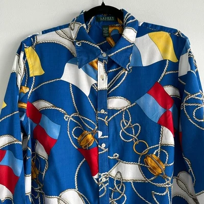 Lauren Ralph Lauren Nautical Rope Print Shirt 1X Blue Red Yellow Cotton Sailing - Image 1 of 4